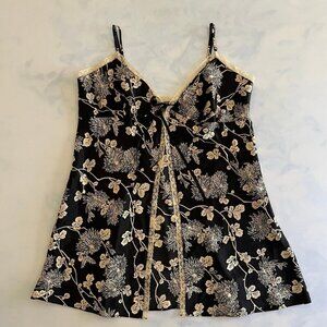 Victoria's Secret Black & Gold Leaf Tie Front Lace Slip Dress